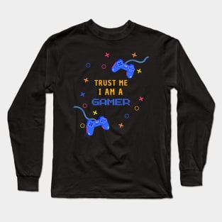 Trust Me I Am A Gamer - Yellow Text With Controllers Long Sleeve T-Shirt